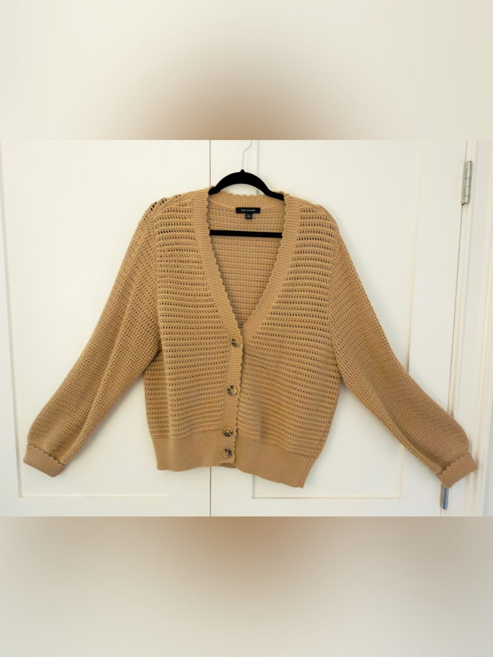 Ann Taylor Open Weave V-Neck Cotton Cardigan - Camel